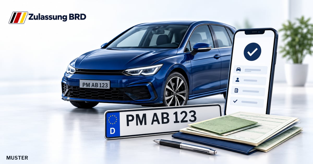 Online Fahrzeugzulassung in Teltow: Musterkennzeichen PM AB 123, Auto und Fahrzeugpapiere und Smartphone. Illustration mit Logo von Zulassung BRD.